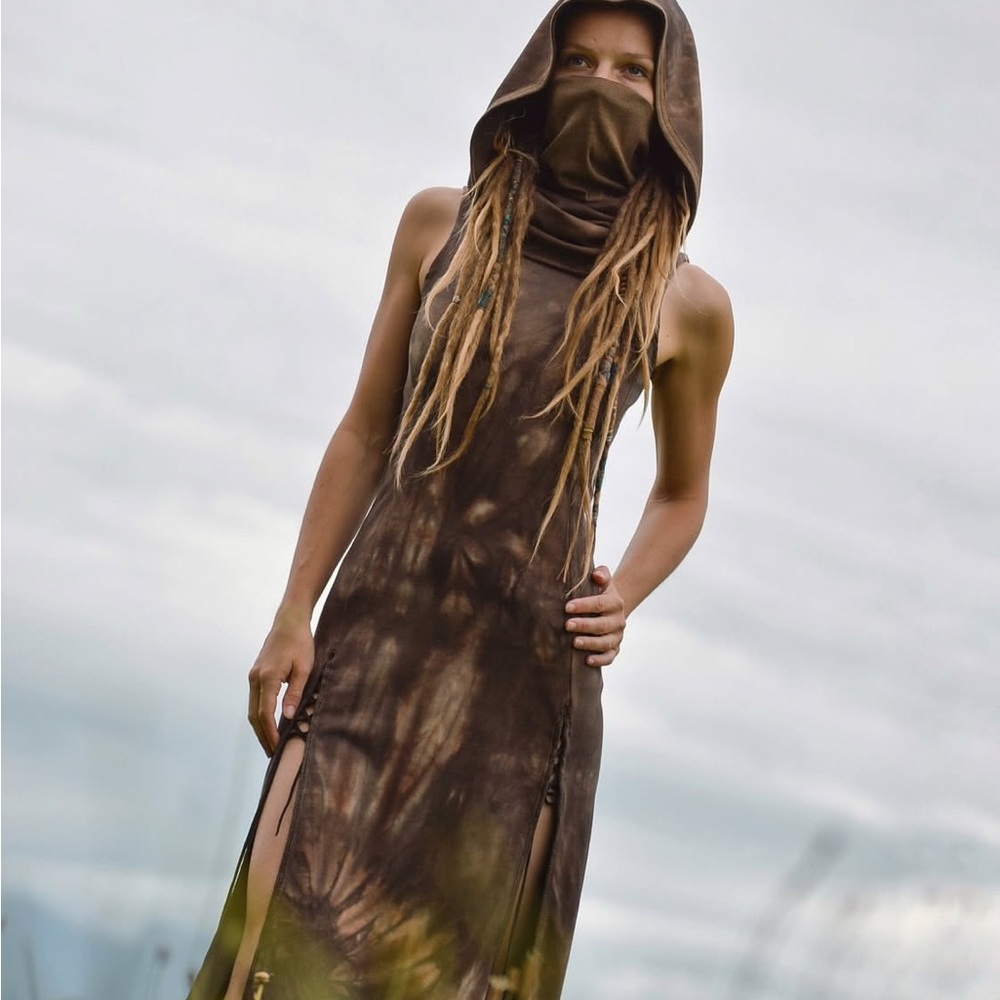 Handmade Brown/gray Hooded Sleeveless Dress ninja